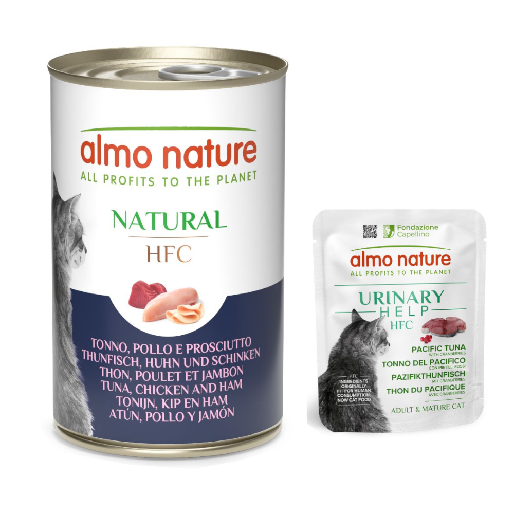 6 x 140 g Almo Nature HFC Natural + 6 x 50 g Urinary Help zum Sonderpreis!  - Thunfisch, Huhn und Schinken + Pazifikthunfisch mit Cranberrys von Almo Nature HFC