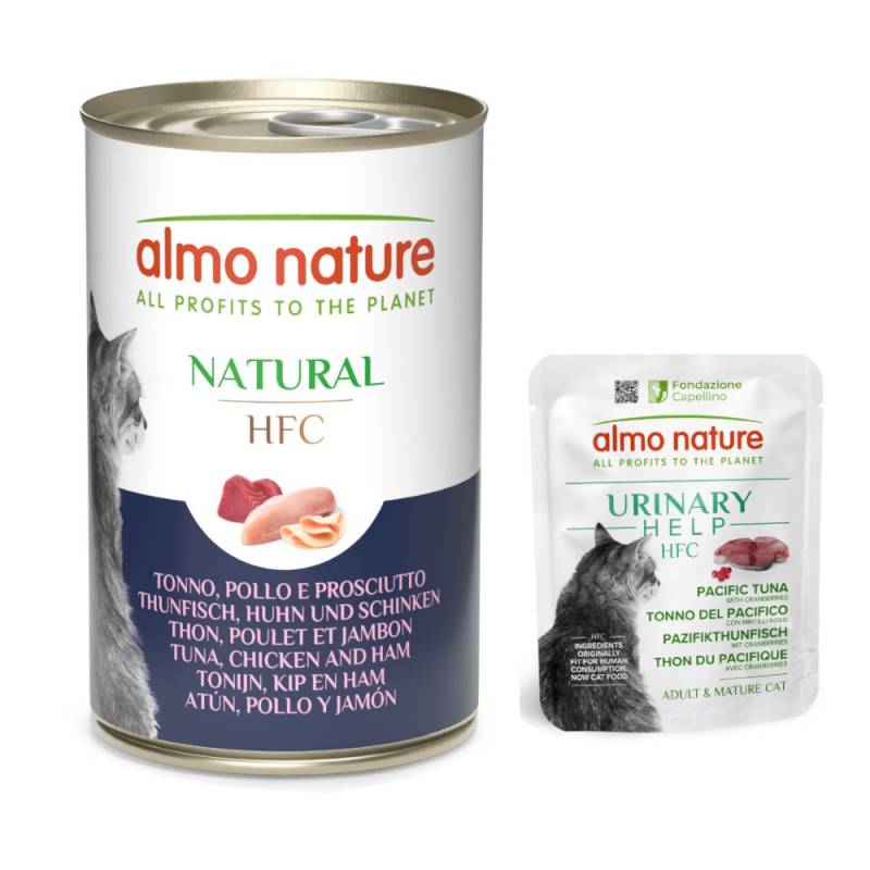 6 x 140 g Almo Nature HFC Natural + 6 x 50 g Urinary Help zum Sonderpreis!  - Thunfisch, Huhn und Schinken + Pazifikthunfisch mit Cranberrys von Almo Nature HFC