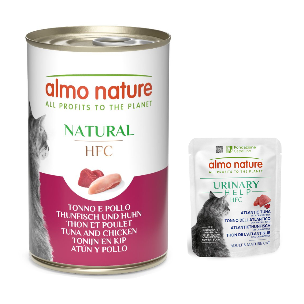 6 x 140 g Almo Nature HFC Natural + 6 x 50 g Urinary Help zum Sonderpreis!  - Thunfisch und Huhn + Atlatikthunfisch mit Cranberrys von Almo Nature HFC