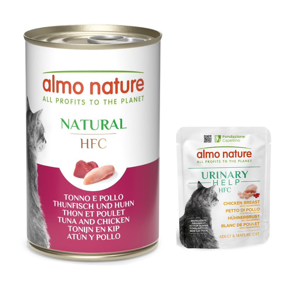 6 x 140 g Almo Nature HFC Natural + 6 x 50 g Urinary Help zum Sonderpreis!  - Thunfisch und Huhn + Hühnerbrust mit Cranberrys von Almo Nature HFC