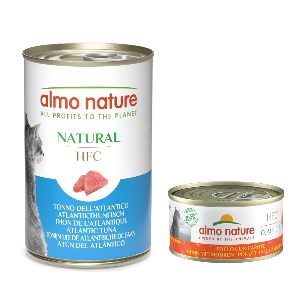 6 x 140 g Almo Nature HFC Natural + 6 x 70 g Complete zum Sonderpreis! - 6 x 140 g Atlantikthunfisch + 6 x 70 g Huhn mit Karotte von Almo Nature HFC