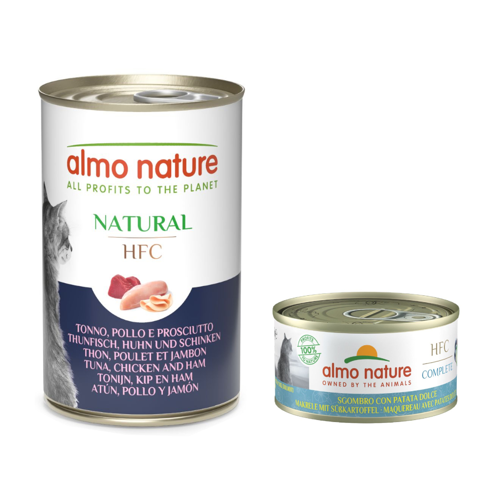 6 x 140 g Almo Nature HFC Natural + 6 x 70 g Complete zum Sonderpreis! - 6 x 140 g Thunfisch, Huhn und Schinken + 6 x 70 g Makrele mit Süßkartoffel von Almo Nature HFC