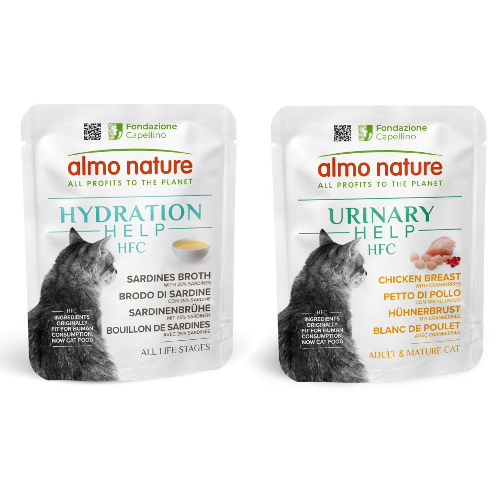 6 x 50 g Almo Nature HFC Hydration Help + 6 x 50 g Urinary Help zum Sonderpreis! - Sardinenbrühe mit Sardinen + Hühnerbrust mit Cranberrys von Almo Nature HFC
