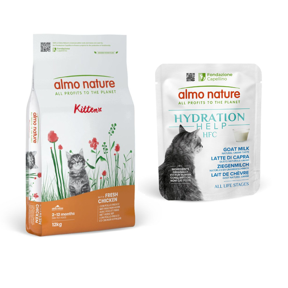 12 kg Almo Nature Functional + 12 x 50 g HFC Hydration Help gratis! - Kitten Huhn & Reis + 12 x 50 g Ziegenmilch von Almo Nature Holistic