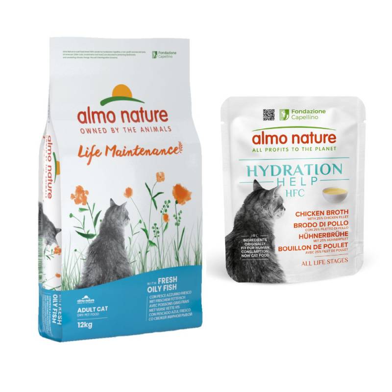 12 kg Almo Nature Functional + 12 x 50 g HFC Hydration Help gratis! - Life Maintenance Fettfisch & Reis + 12 x 50 g Hühnerbrühe mit Hühnerfilet von Almo Nature Holistic