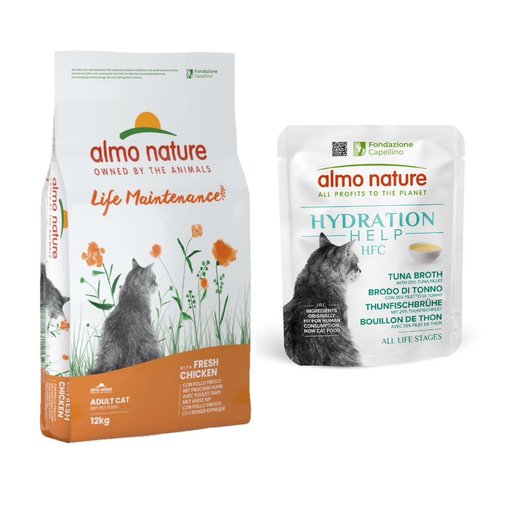 12 kg Almo Nature Functional + 12 x 50 g HFC Hydration Help gratis! - Life Maintenance Huhn & Reis + 12 x 50 g Thunfischbrühe mit Thunfischfilet von Almo Nature Holistic