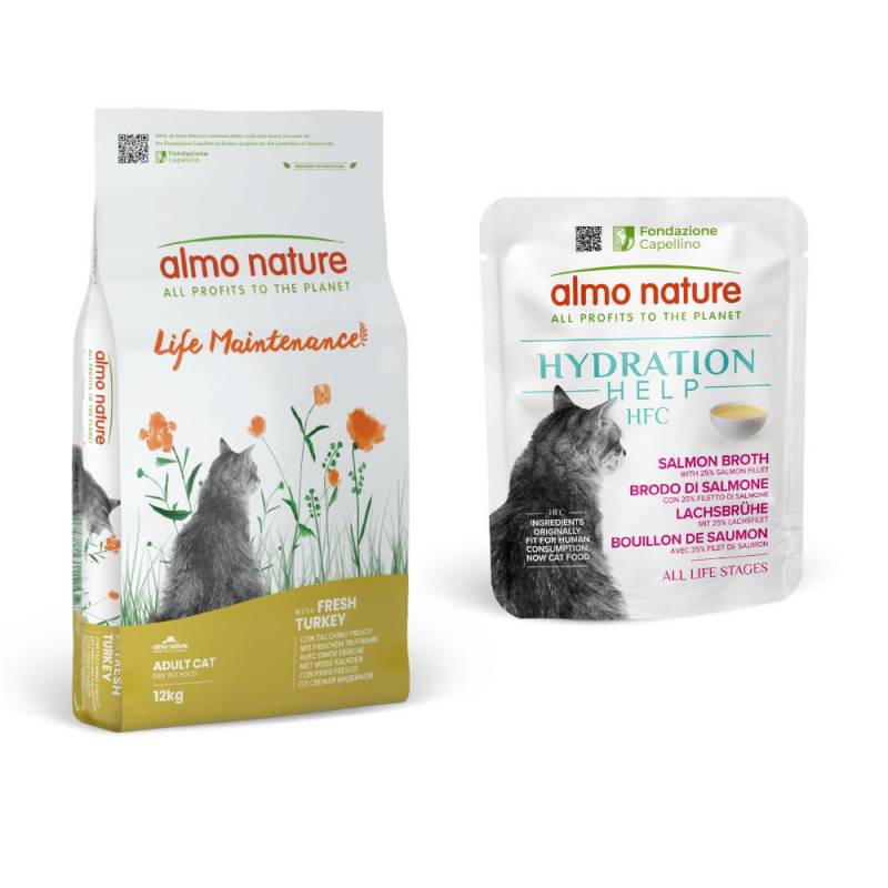 12 kg Almo Nature Functional + 12 x 50 g HFC Hydration Help gratis! - Life Maintenance Truthahn & Reis + 12 x 50 g Lachsbrühe mit Lachsfilet von Almo Nature Holistic