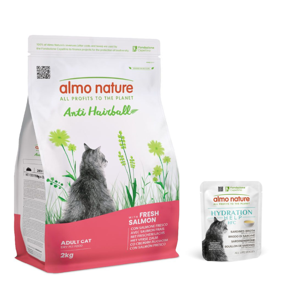 2 kg Almo Nature Functional + 6 x 50 g HFC Hydration Help gratis! - Anti Hairball mit Lachs + 6 x 50 g Sardinenbrühe mit Sardinen von Almo Nature Holistic