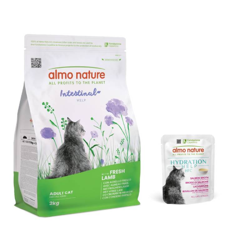 2 kg Almo Nature Functional + 6 x 50 g HFC Hydration Help gratis! - Intestinal Help Lamm + 6 x 50 g Lachsbrühe mit Lachsfilet von Almo Nature Holistic