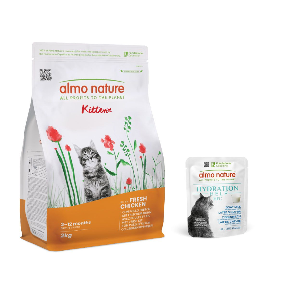 2 kg Almo Nature Functional + 6 x 50 g HFC Hydration Help gratis! - Kitten Huhn & Reis +  6 x 50 g Ziegenmilch von Almo Nature Holistic
