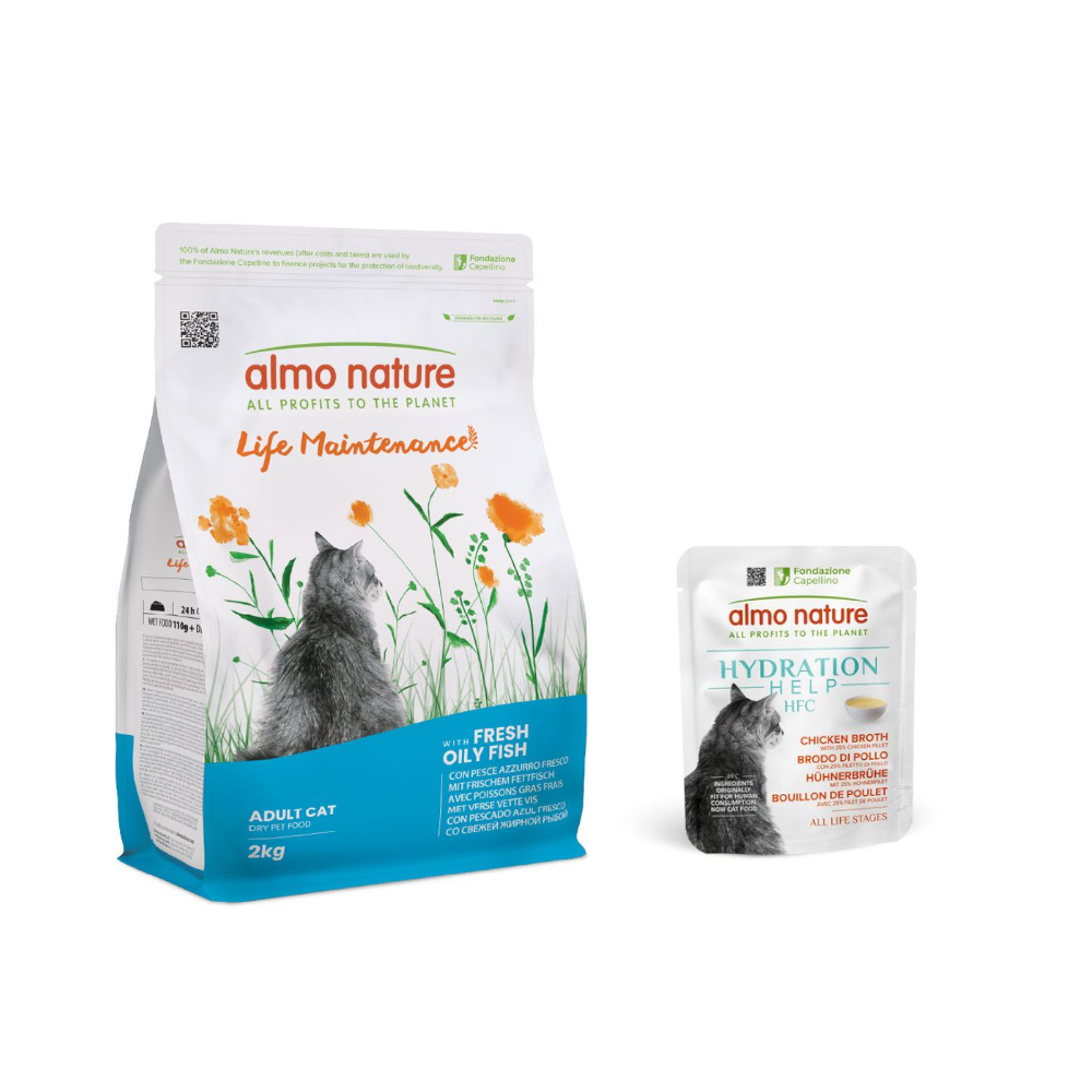 2 kg Almo Nature Functional + 6 x 50 g HFC Hydration Help gratis! - Life Maintenance Fettfisch & Reis + 6 x 50 g Hühnerbrühe mit Hühnerfilet von Almo Nature Holistic