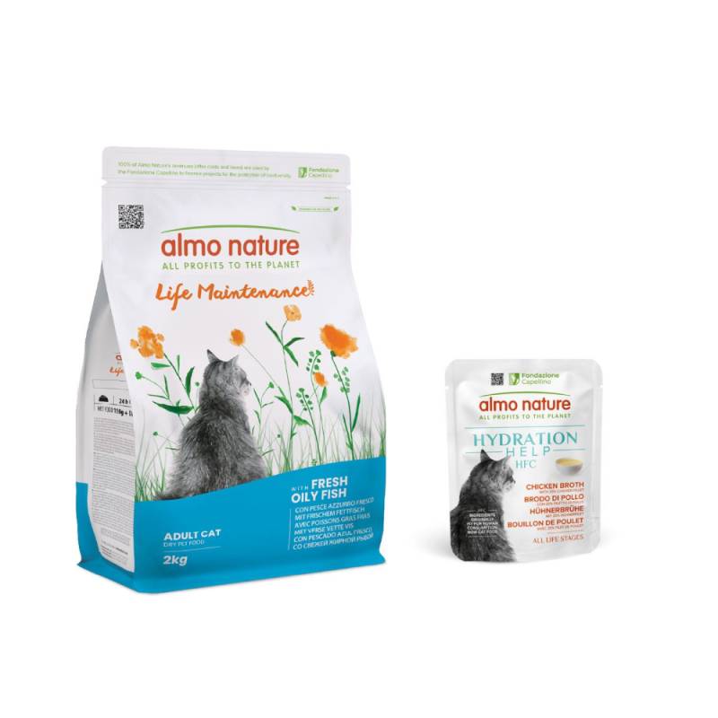 2 kg Almo Nature Functional + 6 x 50 g HFC Hydration Help gratis! - Life Maintenance Fettfisch & Reis + 6 x 50 g Hühnerbrühe mit Hühnerfilet von Almo Nature Holistic