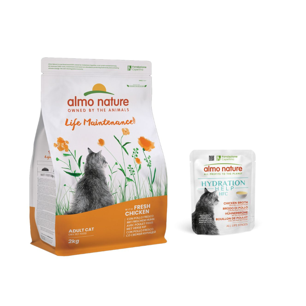 2 kg Almo Nature Functional + 6 x 50 g HFC Hydration Help gratis! -  Life Maintenance Huhn & Reis + 6 x 50 g Hühnerbrühe mit Hühnerfilet von Almo Nature Holistic