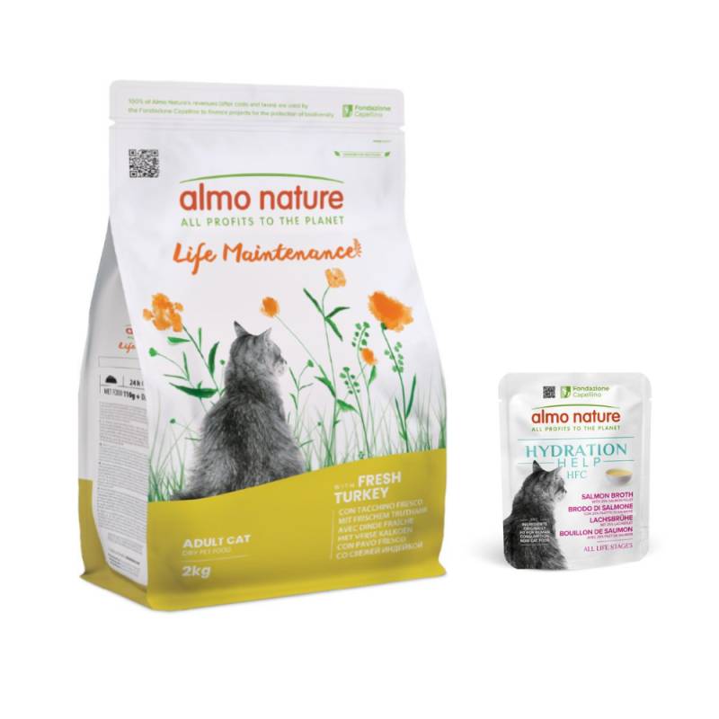 2 kg Almo Nature Functional + 6 x 50 g HFC Hydration Help gratis! - Life Maintenance Truthahn & Reis + 6 x 50 g  Lachsbrühe mit Lachsfilet von Almo Nature Holistic