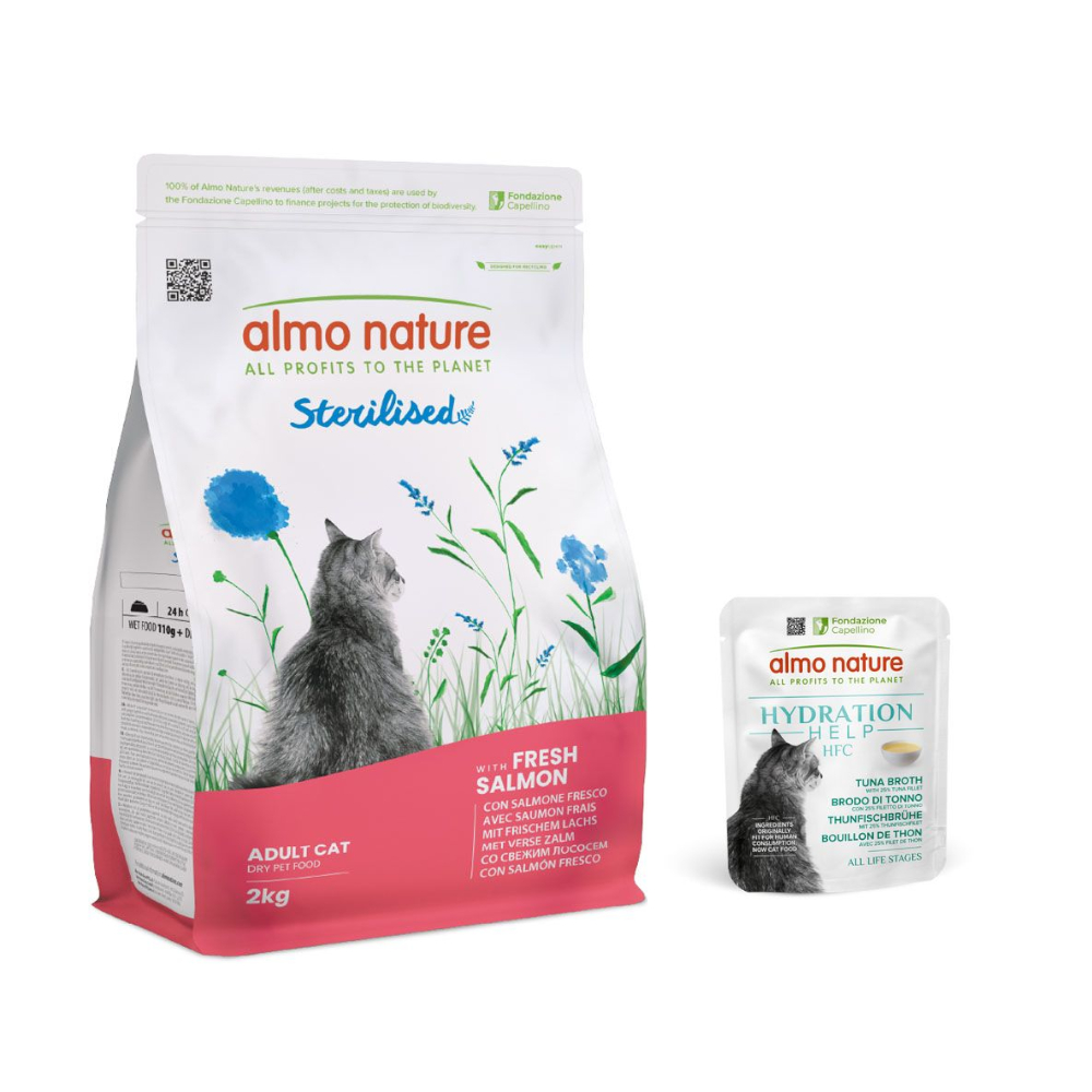 2 kg Almo Nature Functional + 6 x 50 g HFC Hydration Help gratis! - Sterilised Cat Lachs & Reis + 6 x 50 g Thunfischbrühe mit Thunfischfilet von Almo Nature Holistic