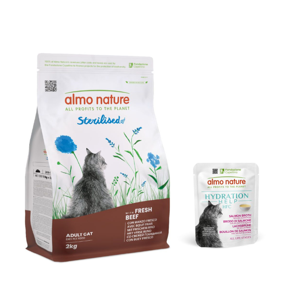 2 kg Almo Nature Functional + 6 x 50 g HFC Hydration Help gratis! - Sterilised Cat Rind & Reis + 6 x 50 g Lachsbrühe mit Lachsfilet von Almo Nature Holistic