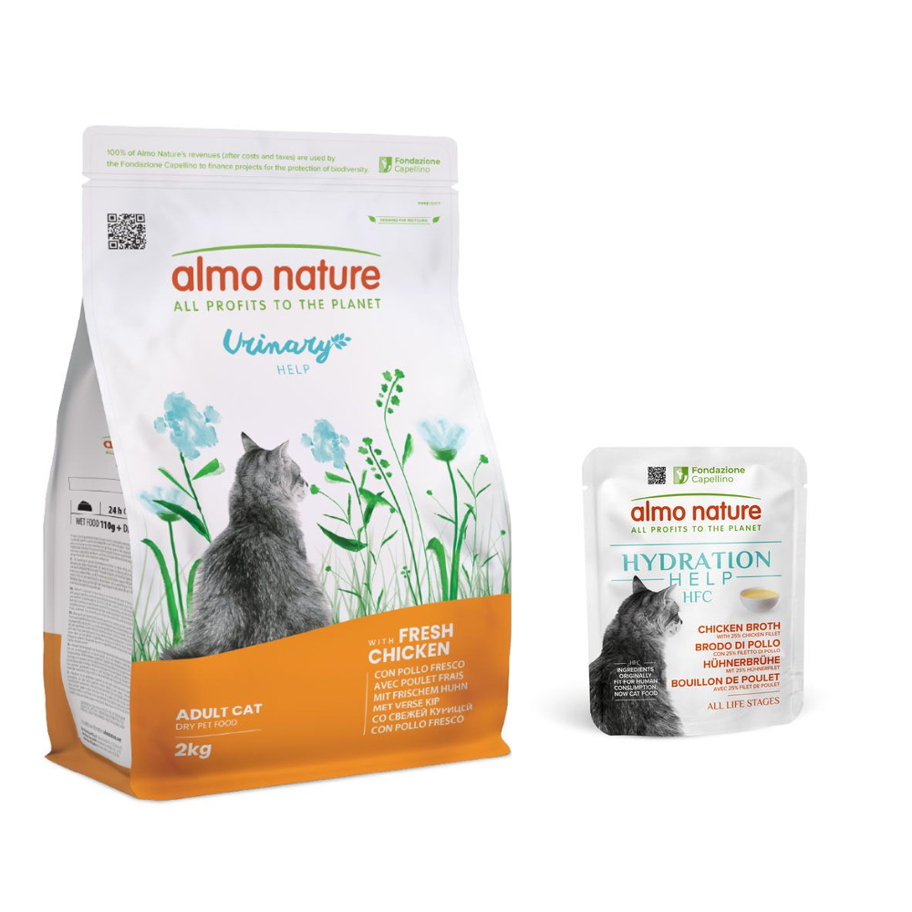 2 kg Almo Nature Functional + 6 x 50 g HFC Hydration Help gratis! - Urinary Help Huhn +  6 x 50 g Hühnerbrühe mit Hühnerfilet von Almo Nature Holistic