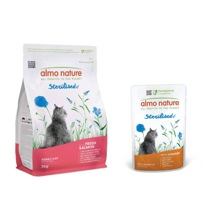 2 kg Almo Nature Functional Sterilised + 6 x 70 g Nassfutter mit Huhn zum Sonderpreis! - Lachs & Reis von Almo Nature Holistic
