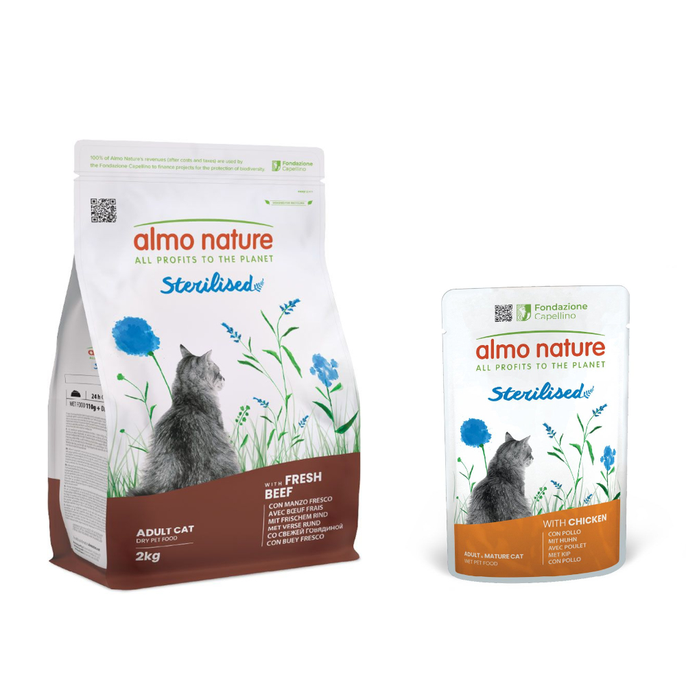 2 kg Almo Nature Functional Sterilised + 6 x 70 g Nassfutter mit Huhn zum Sonderpreis! - Rind & Reis von Almo Nature Holistic