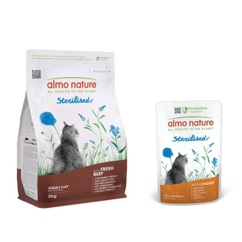 2 kg Almo Nature Functional Sterilised + 6 x 70 g Nassfutter mit Huhn zum Sonderpreis! - Rind & Reis von Almo Nature Holistic