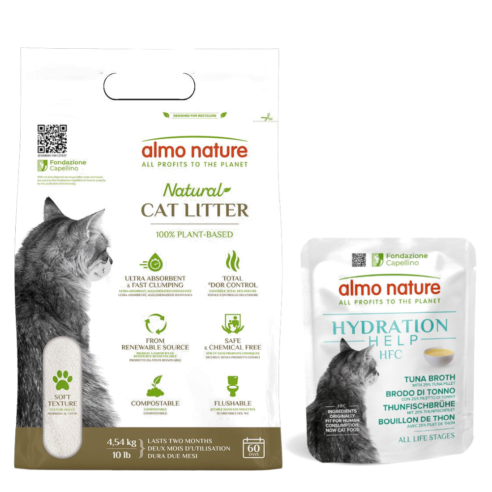 4,54 kg Almo Nature Natural Soft Katzenstreu + 6 x 50 g HFC Hydration Help zum Sonderpreis! - Natural Soft Katzenstreu + Thunfischbrühe mit Thunfischfilet von Almo Nature Litter