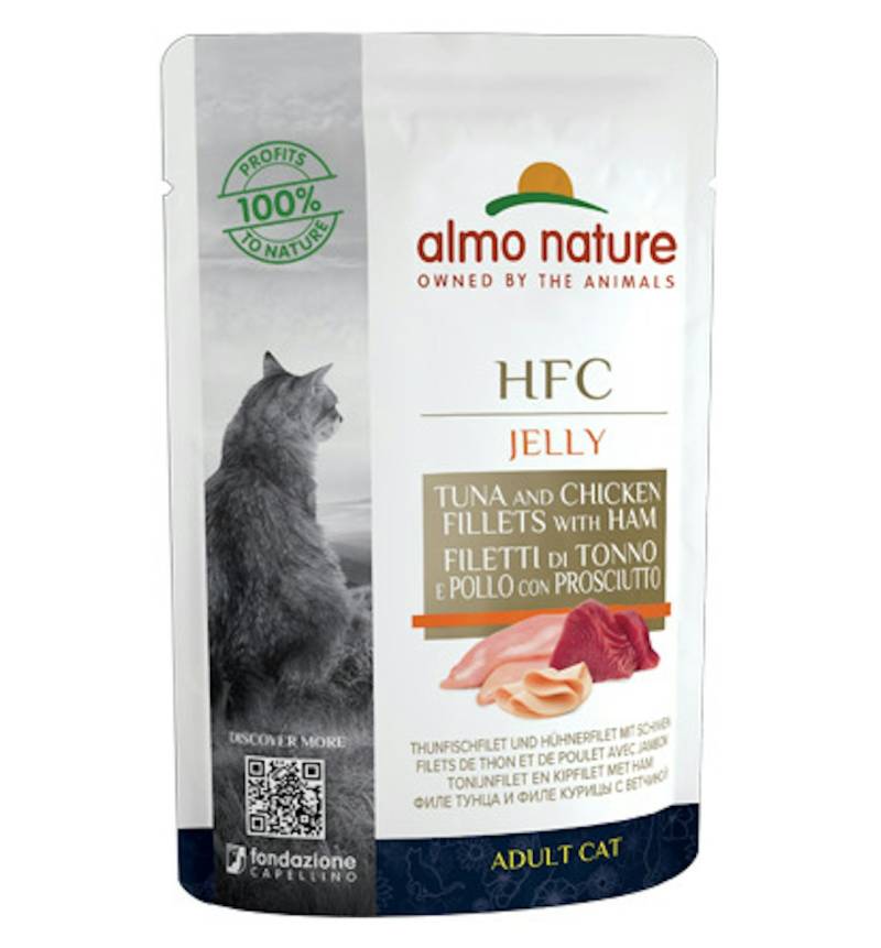 Almo Nature HFC Jelly 55g Beutel Katzennassfutter Sparpaket 48 x 55 Gramm Thunfisch, Huhn & Schinken