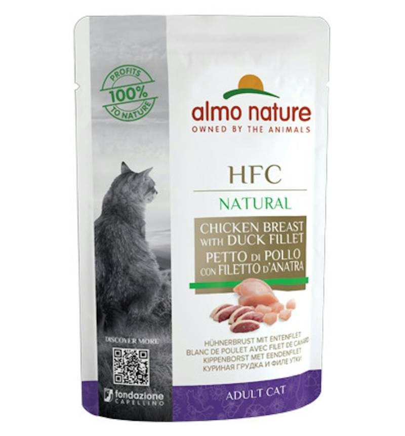 Almo Nature HFC Raw Pack 55g Beutel Katzennassfutter Sparpaket 48 x 55 Gramm Hühnerbrust & Ente