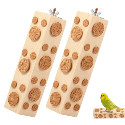 Alongen 2 Stück Papageienspielzeug Hängespielzeug mit Korken Vogel Kauen Spielzeug Natürliche Holzblöcke Verschiedene Formen Design Zwei Installationsstile für Kleine Mittlere Vögel(Schraubenmodell) von Alongen