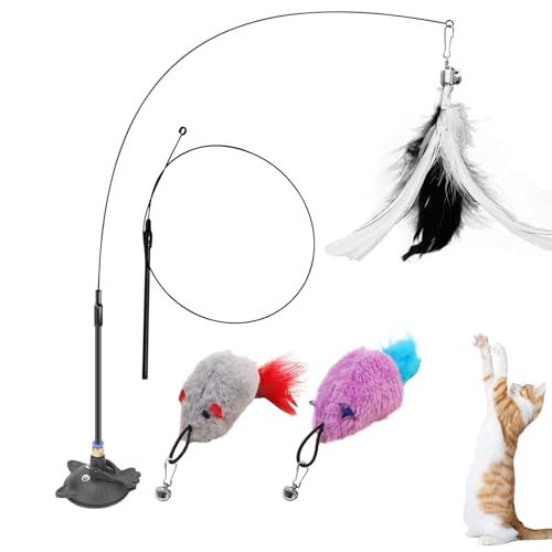 Alovez 4 Stück Katzenspielzeug, Katzenangel mit 1 Saugnäpfen, Interaktives Katzenspielzeug, katzenspielzeug Selbstbeschäftigung mit 2 Maus Glöckchen für Haushalt und Tierhandlungen von Alovez
