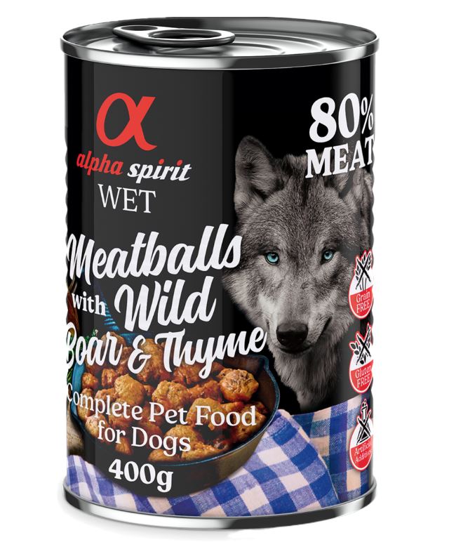 4 + 2 gratis! 6 x 400 g alpha spirit Dog Meatballs - Wildschwein & Thymian 4 + 2 gratis! 6 x 400 g alpha spirit Dog Meatballs - Wildschwein & Thymian von Alpha Spirit
