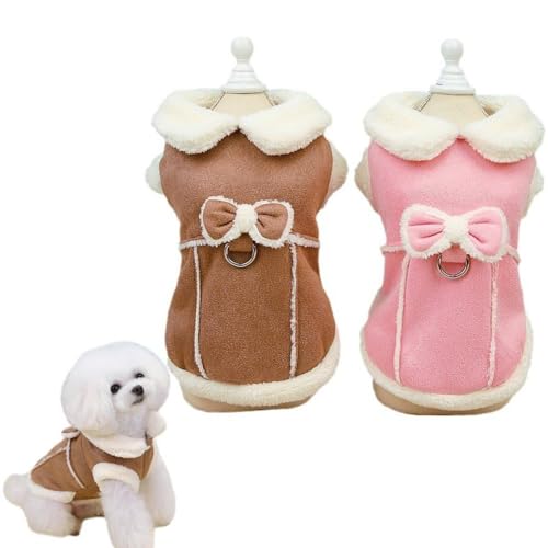Alula777 Mantel für kleine Hunde, Kleidung für Hunde, Jacke aus Kunstleder, warm, für die kalte Jahreszeit, mit Schleife (Rosa + Khaki) von Alula777