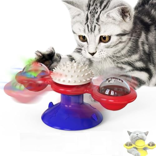 Alulayu Interaktives rotierendes Windmühlen-Katzenspielzeug mit LED-Licht, Wandhalterung, Spinner, Teaser für Bewegung und Spielen (Blau / Rot) von Alulayu