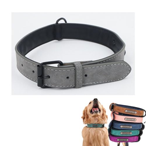 Alulayu Lederhalsband, breiter und dicker, langlebig, weich gepolstert, verstellbar für kleine bis große Hunde und Katzen (Marineblau, L) von Alulayu