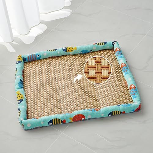 Alulayu Natürliches Rattan-Haustierbett-Matte, Sommer-Haustier-Kühlmatte, Haustierkühler, Sommer-Leinen-Rattan-Matte, Nest, gewebtes atmungsaktives quadratisches waschbares Bett mit Rand für Hunde von Alulayu