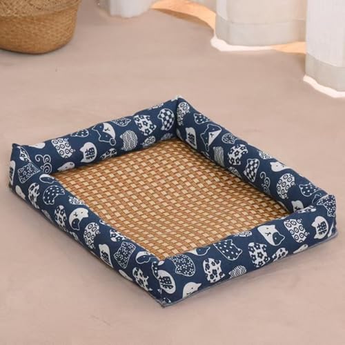 Alulayu Natürliches Rattan-Haustierbett-Matte, Sommer-Haustier-Kühlmatte, Haustierkühler, Sommer-Leinen-Rattan-Matte, Nest, gewebtes atmungsaktives quadratisches waschbares Bett mit Rand für Hunde von Alulayu