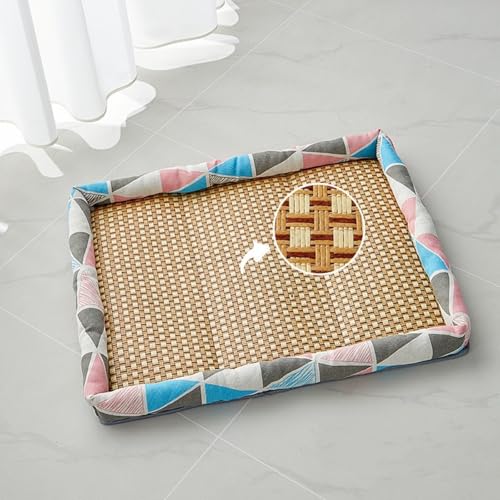 Alulayu Natürliches Rattan-Haustierbett-Matte, Sommer-Haustier-Kühlmatte, Haustierkühler, Sommer-Leinen-Rattan-Matte, Nest, gewebtes atmungsaktives quadratisches waschbares Bett mit Rand für Hunde von Alulayu