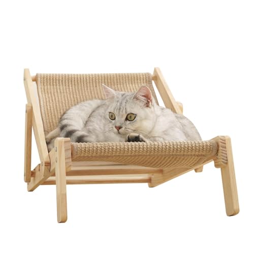 Katzen-Sisal-Stuhl, verstellbares, erhöhtes Katzenstuhl-Bett aus massivem Holz, langlebiges, faltbares Katzen-Kratzbett für den Innenbereich, Katzen-Hängemattenbett, Kätzchen-Lounge-Möbel für ruhiges von Alwida