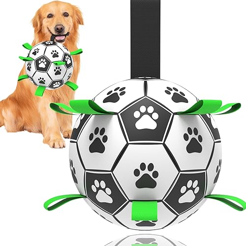 Amasiver Hund Fußball Ball Spielzeug mit Riemen, Interaktives Hundespielzeug für Tauziehen, Hund Wasserspielzeug, Weltmeisterschaft langlebige Hundebälle für kleine mittelgroße große Hunde (Medium) von Amasiver
