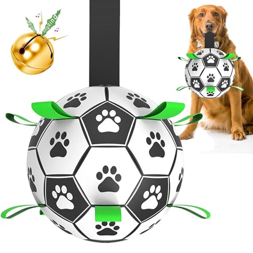 Hunde-Fußball-Spielzeug mit Riemen, interaktives Hundespielzeug für Tauziehen, Welpengeburtstagsgeschenke, langlebige Hundebälle für kleine, mittelgroße und große Hunde (groß mit Glocke) von Amasiver