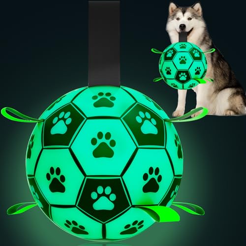Amasiver Hunde-Fußballspielzeug mit Riemen, leuchtet im Dunkeln, 20,3 cm, interaktives Hundespielzeug zum Tauziehen, Welpengeburtstagsgeschenke, Wasserspielzeug, Weltmeisterschaft, stabiler von Amasiver