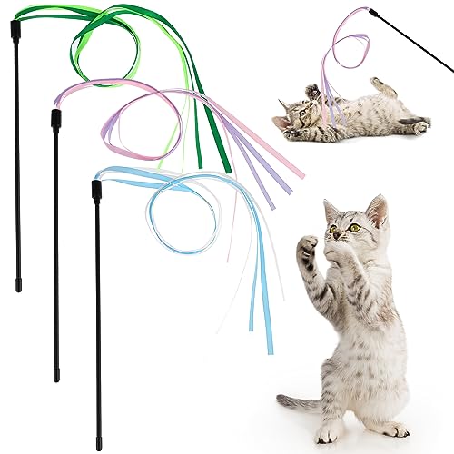 Amaxiu Katzenband Zauberstab Spielzeug, 3 Stück, interaktives Katzen Regenbogenstab Schnurspielzeug für Katzen im Innenbereich bunter Bandbeschwörer für Kätzchen Teaser Training Übungsgerät von Amaxiu