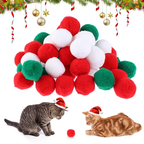 Amaxiu 50 Stück Weihnachts Katzenbälle, interaktives Katzen Pom Pom Ball Spielzeug grün roter Kätzchenball weicher leiser Katzenball 2,5 cm Kleiner Ball Spielzeug Weihnachtsparty Geschenk von Amaxiu