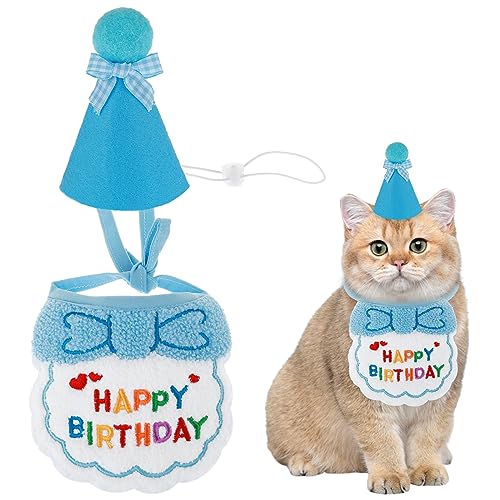 Amaxiu Geburtstagsmütze Schal-Set für kleine Hunde und Katzen, niedliches Haustier Geburtstags Bandana Partyzubehör Welpen Happy Birthday Dekorationen Besticktes für Mädchen Jungen Kätzchen(blau) von Amaxiu