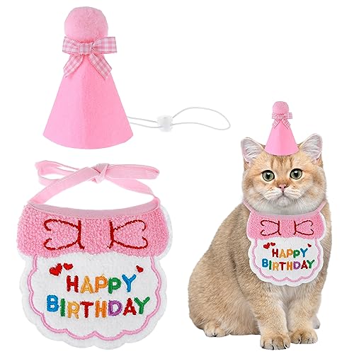 Amaxiu Geburtstagsmütze Schal-Set für kleine Hunde und Katzen, niedliches Haustier Geburtstags Bandana Partyzubehör Welpen Happy Birthday Dekorationen Besticktes für Mädchen Jungen Kätzchen(Rosa) von Amaxiu