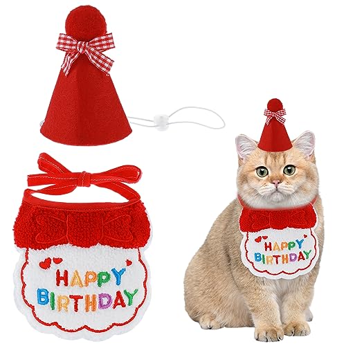Amaxiu Geburtstagsmütze Schal-Set für kleine Hunde und Katzen, niedliches Haustier Geburtstags Bandana Partyzubehör Welpen Happy Birthday Dekorationen Besticktes für Mädchen Jungen Kätzchen(Rot) von Amaxiu