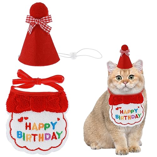 Amaxiu Geburtstagsmütze Schal-Set für kleine Hunde und Katzen, niedliches Haustier Geburtstags Bandana Partyzubehör Welpen Happy Birthday Besticktes für Mädchen Jungen Kätzchen Weihnachten(Rot) von Amaxiu