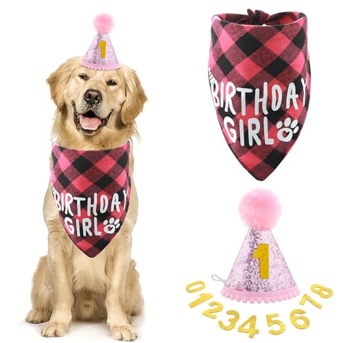 Amaxiu Hund Geburtstag Party Set, Junge Hund Geburtstag Bandana Hut mit 8 Bling Zahl Haustier Alles Gute zum Geburtstag liefert Glitter Hut Plaid Bandana für kleine mittlere große Hunde(Rosa) von Amaxiu