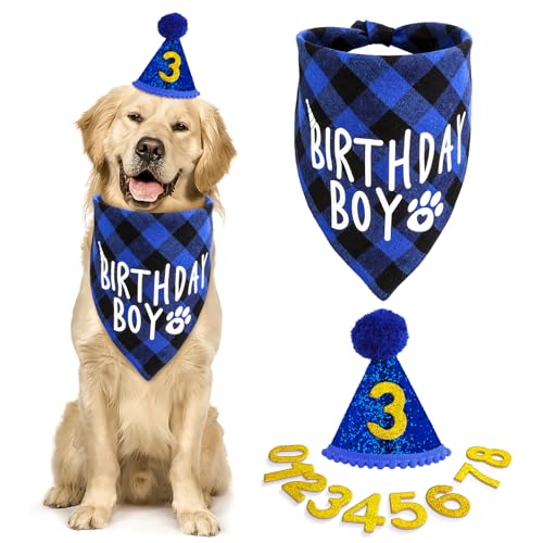 Amaxiu Hunde Geburtstagsparty Set,Hunde Geburtstags Bandana Mütze mit 8 Bling Nummern Haustier Alles Gute zum Geburtstag Zubehör glitzernde Mütze kariertes für kleine mittelgroße und große Junge(blau) Amaxiu Hunde Geburtstagsparty Set,Hunde Geburtstags Bandana Mütze mit 8 Bling Nummern Haustier Alles Gute zum Geburtstag Zubehör glitzernde Mütze kariertes für kleine mittelgroße und große Junge(blau) von Amaxiu