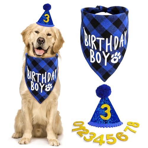 Amaxiu Hunde Geburtstagsparty Set,Hunde Geburtstags Bandana Mütze mit 8 Bling Nummern Haustier Alles Gute zum Geburtstag Zubehör glitzernde Mütze kariertes für kleine mittelgroße und große Junge(blau) von Amaxiu