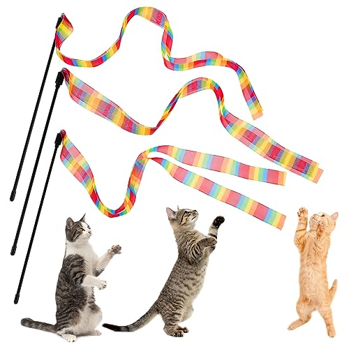 Amaxiu Katzen Regenbogen Zauberstab Spielzeug, 3 Stück interaktives Katzen Teaser Zauberstab Schnur Spielzeug für den Innenbereich buntes Band für Kätzchen Übungsgerät Spielen (Stil B) von Amaxiu